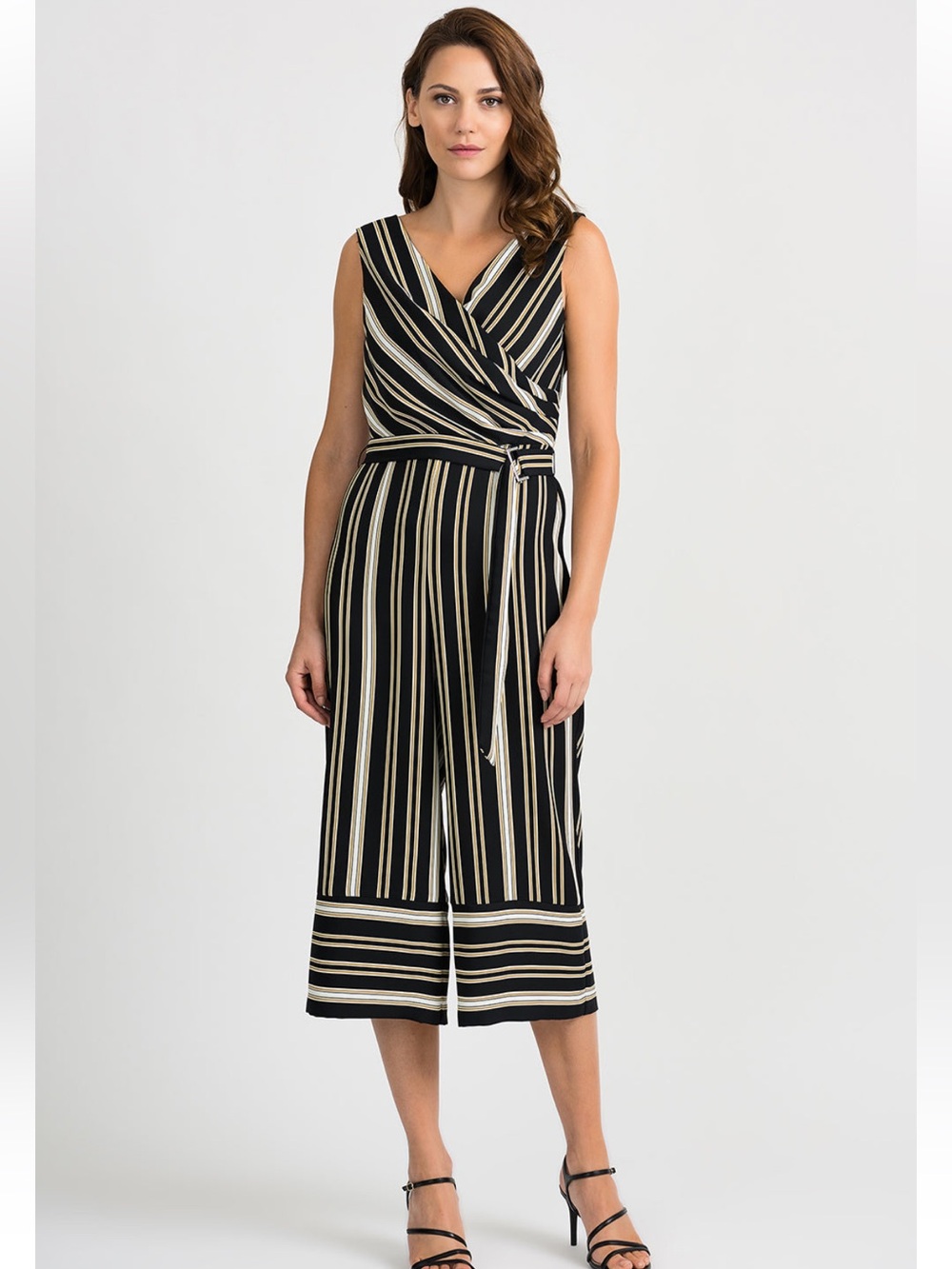 Joseph Ribkoff Black Gold Striped Wide Leg Jumpsuit Size 10